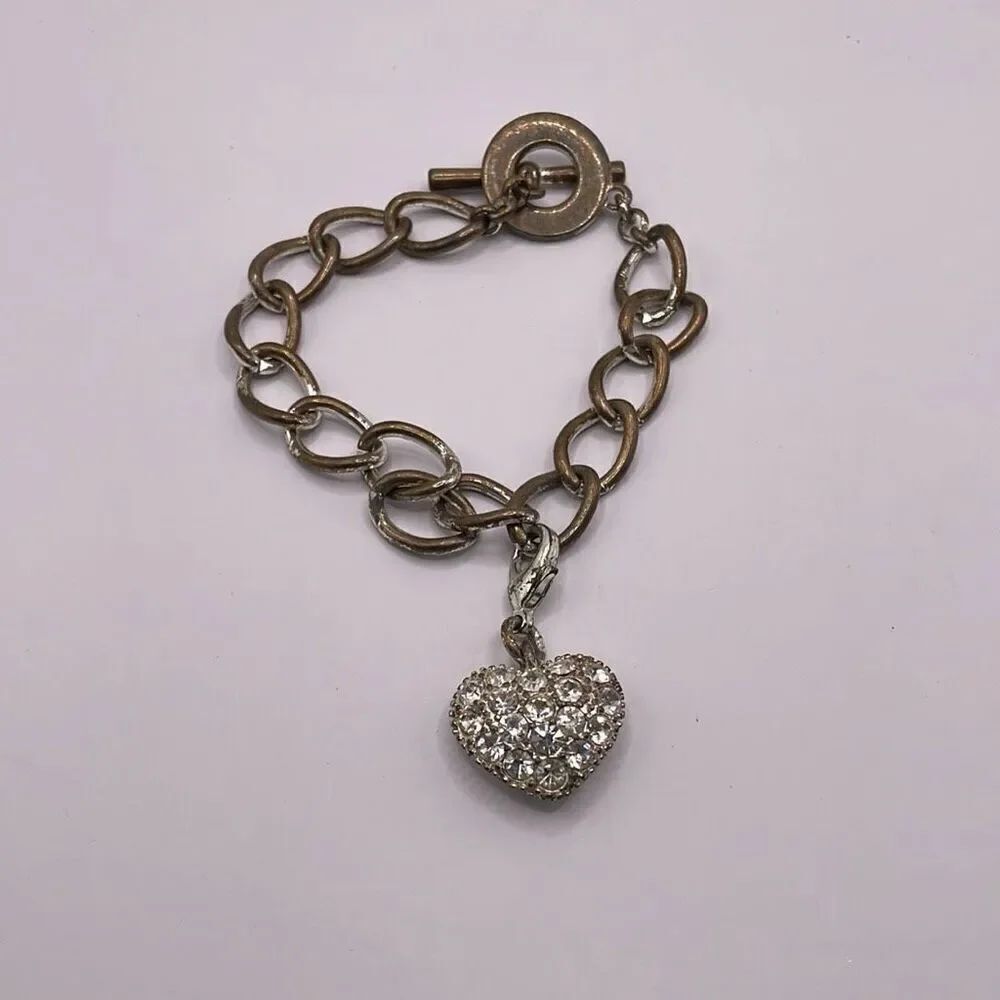 MONET Silvertone Chain Rhinestone Heart Charm Toggle Clasp Vintage Flawed